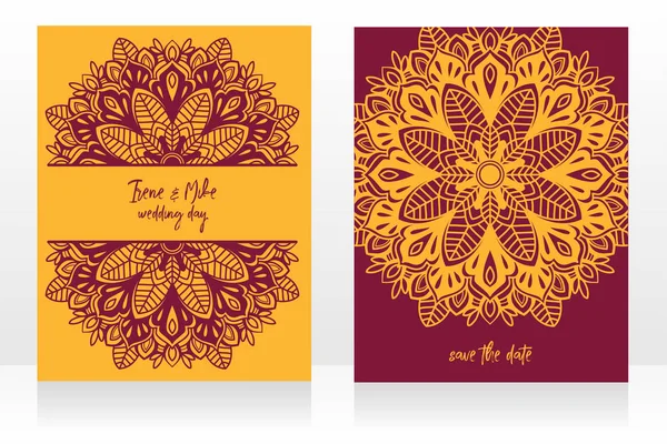 Zwei Karten Für Hochzeitsfeier Mit Mandala Ornament Indischen Stil Vektorillustration — Stockvektor