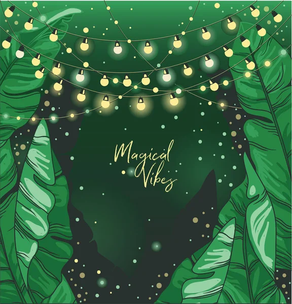 横幅与热带树叶和灯光在夜间 海报的神奇氛围 可用作生日卡 矢量插图 — 图库矢量图片