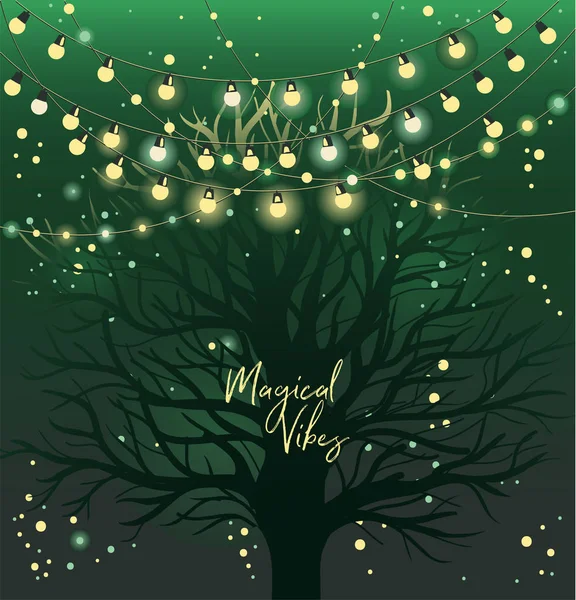 Банер Таємничим Деревом Вогнями Вночі Плакат Магічних Вітрів Може Бути — стоковий вектор