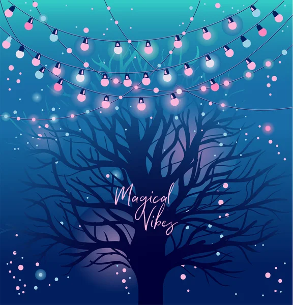 横幅与神秘的树和灯在夜间 海报的神奇氛围 可用作生日派对卡 矢量插图 — 图库矢量图片
