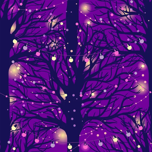 Bezszwowe Wzór Drzew Świątecznych Świateł Nocy Plakat Magicznych Vibes Może — Wektor stockowy