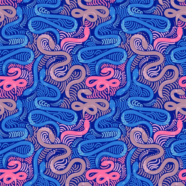 Motif Sans Couture Avec Des Serpents Des Feuilles Couleurs Bleu — Image vectorielle