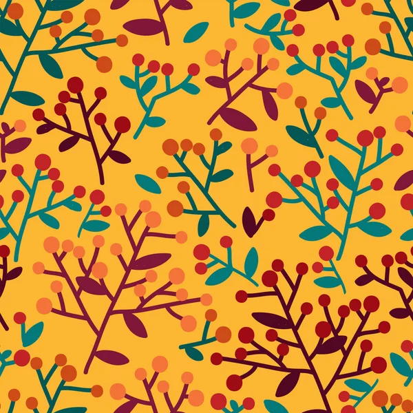 Seamless Pattern Forest Berries Leaves Bright Autumn Palette Vector Illustration — Stock Vector