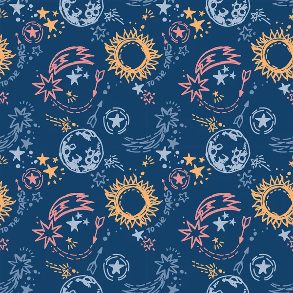 Seamless Pattern Sketch Style Suns Comets Stars Planets Vector Illustration — ストックベクタ