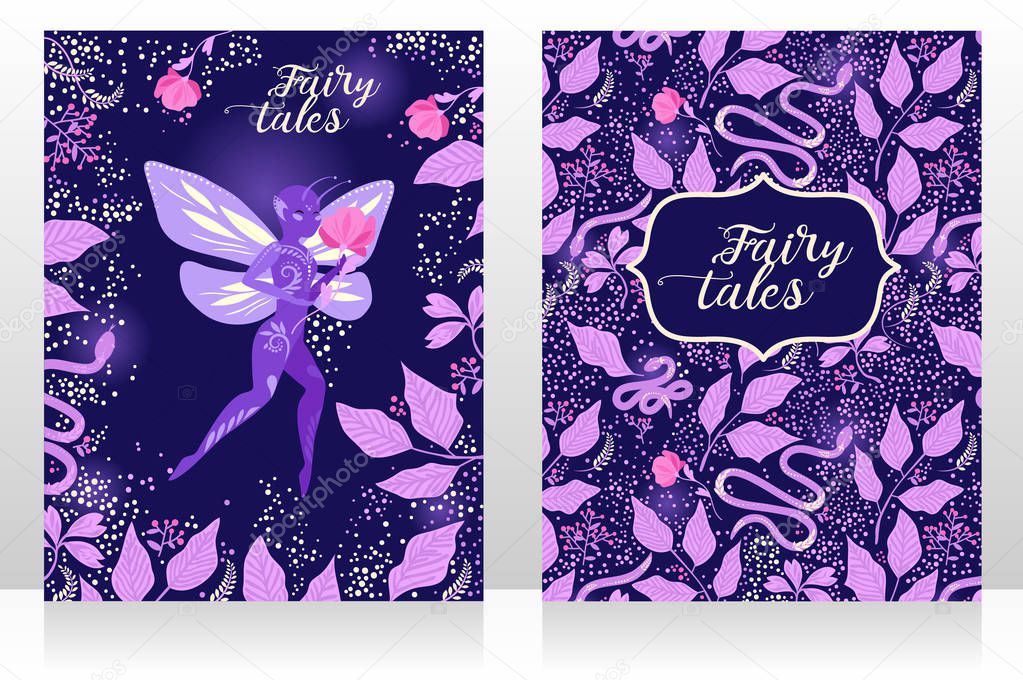 Two banners with cute fairy in the magical forest, magical cards for fairy tales, vector illustration