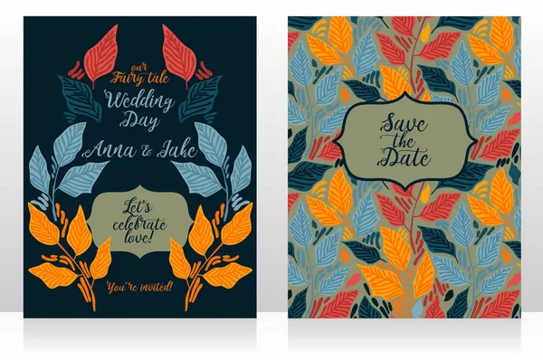 Dos Tarjetas Boda Con Decoración Hojas Paleta Otoño Ilustración Vectorial — Archivo Imágenes Vectoriales