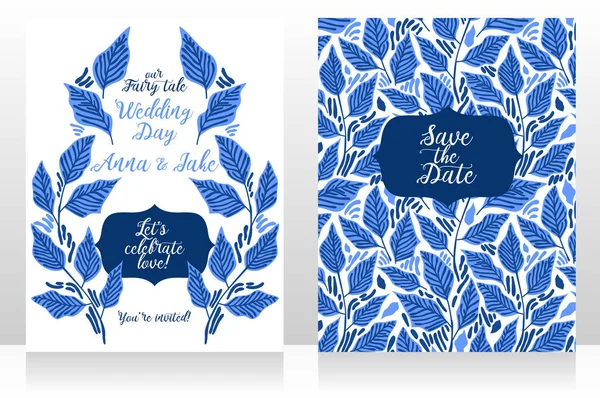 Due Biglietti Sposa Con Foglie Decorazione Blu Bianco Illustrazione Vettoriale — Vettoriale Stock