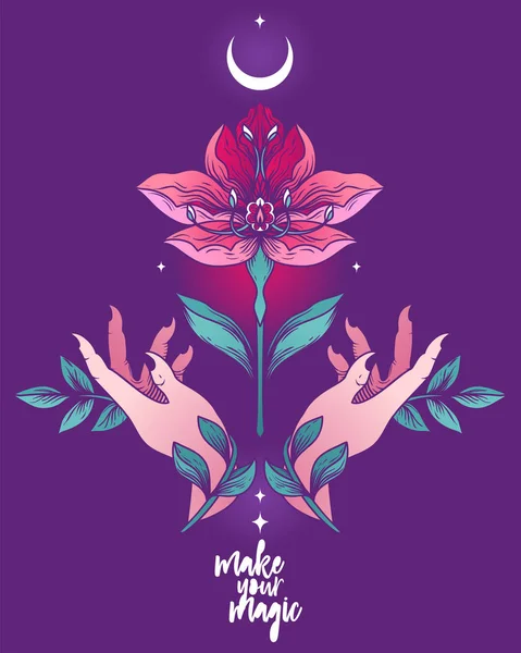 Maak Magische Poster Met Bloem Bladeren Vrouwelijke Handen Nacht Vrouwelijke — Stockvector