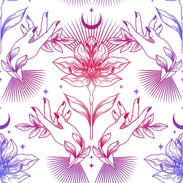 Seamless Pattern Flowers Leaves Female Hands Female Sacral Symbol Vector — 图库矢量图片