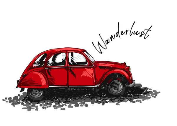 手描きスタイルでかわいい赤いレトロな車で旅行のためのポスター さまよう欲望のためのバナー ベクトルイラスト — ストックベクタ