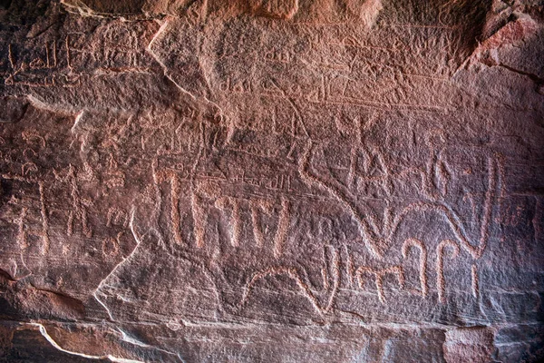 Antiche Iscrizioni Nabateane Tamudiche Roccia Raffiguranti Carovane Cammelli Umani Canyon — Foto Stock