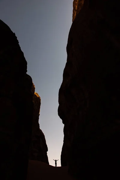 Amazing Scale Silhouette Woman Narrow High Canyon — Stock Photo, Image