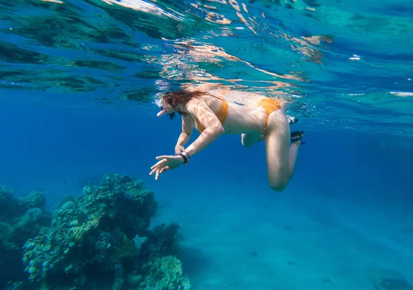Inyección Submarina Una Mujer Joven Buceando Mar Tropical Por Encima — Foto de Stock