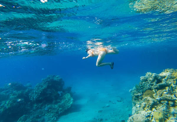 サンゴ礁の上の熱帯の海でシュノーケ リングの若い女性の水中撮影 — ストック写真