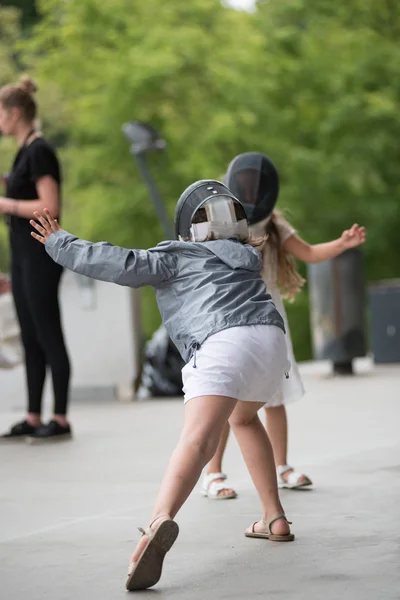 Cluj Romanya Haziran 2018 Eskrim Kılıçla Spor Festivali Sırasında Pratik — Stok fotoğraf