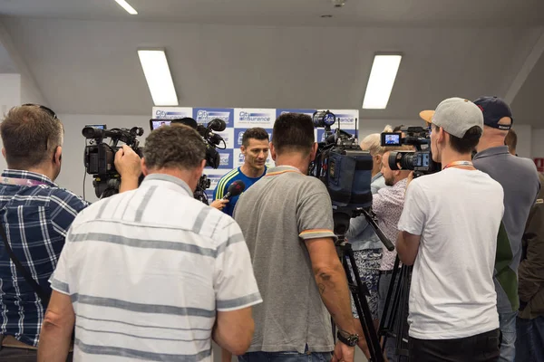 Cluj Romania June 2018 Cameramen Photographers Reporters Interviewing Football Player — Stock Photo, Image