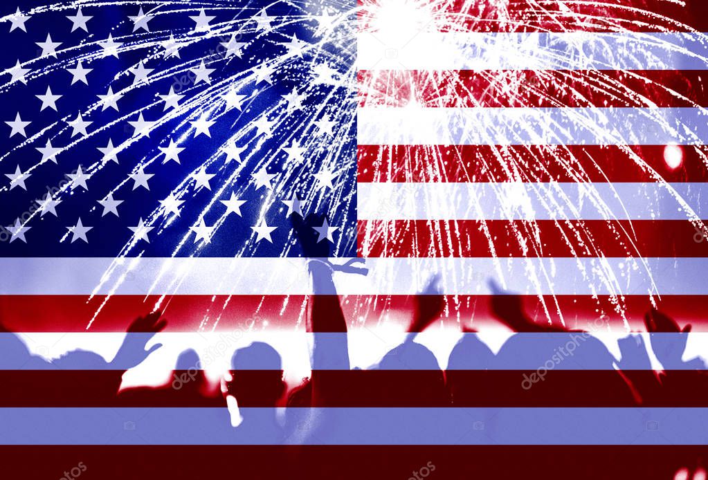 Double exposure with the American flag, celebrating crowd and fireworks. Independence day background, 4th of July concept