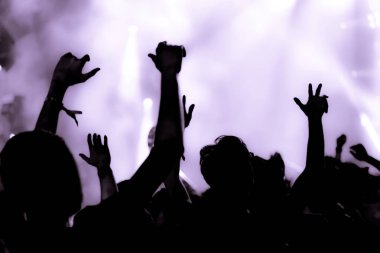 Mor süzülmüş kalabalık kadar eller yükselterek ile bir müzik konserinde