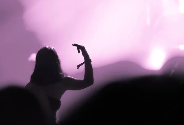 Pink Filtered Rear View Crowd Arms Outstretched Concert Stage Lights — Stock Photo, Image