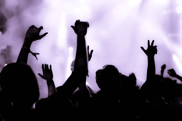 Mor Süzülmüş Kalabalık Kadar Eller Yükselterek Ile Bir Müzik Konserinde — Stok fotoğraf