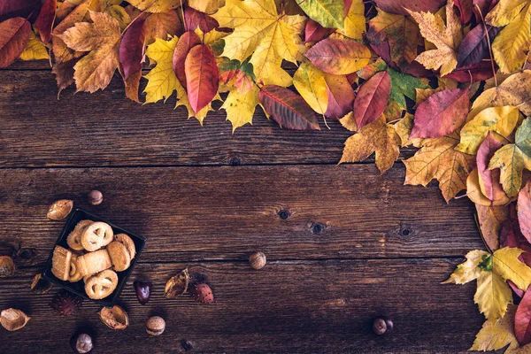 Autumn Still Life Concept Background Fall Leaves Harvest Goodies Table — Stock Photo, Image