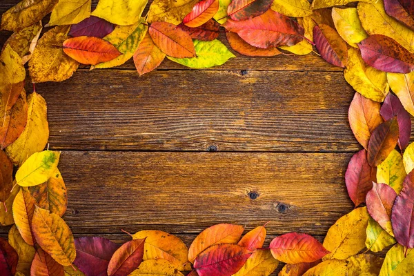 Autumn Leaves Wooden Background Space Text — Stock Photo, Image