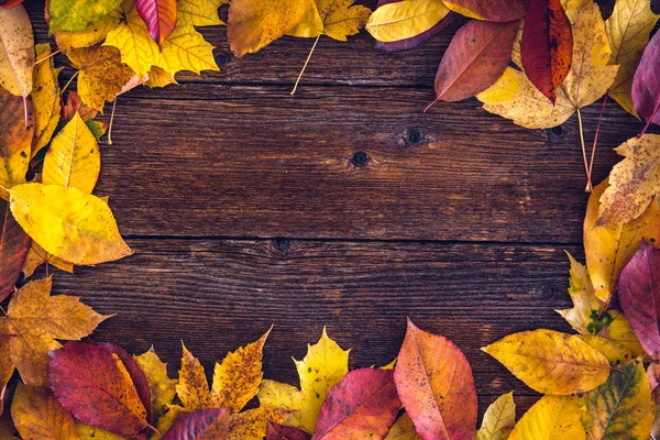 Autumn Leaves Wooden Background Space Message — Stock Photo, Image