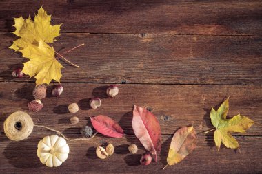 Sonbahar natürmort kavramı arka plan. Yapraklar sonbaharda, Masa üstü goodies hasat. Metin, Şükran günü kartpostal için yer