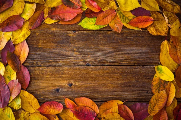 Autumn Leaves Wooden Background Space Text — Stock Photo, Image