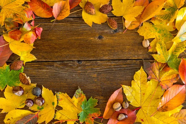 Autumn Leaves Wooden Background Space Text — Stock Photo, Image