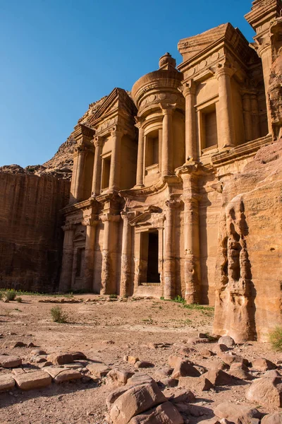 Monumental ancient carving, temple in sandstone. The Monastery in Petra, Jordan