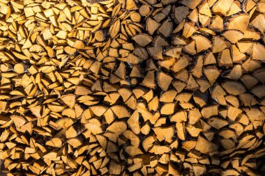 Kış için yakacak odun hazırlanması. Arka plan günlükleri yığın yığını