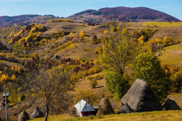 Verlaten Houten Huis Met Rieten Dak Bergen Kleurrijke Herfst Bos — Stockfoto