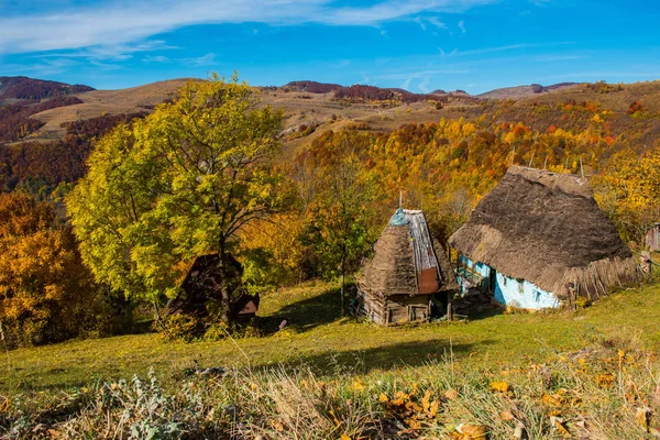 Opuštěné Dřevěný Dům Doškovou Střechou Horách Barevné Podzimní Les — Stock fotografie