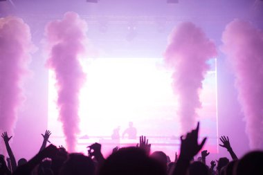 Neşeli insanlar müzik Festivali'nde parti kalabalık. Arkadan Görünüş, sahne konser ışıkları