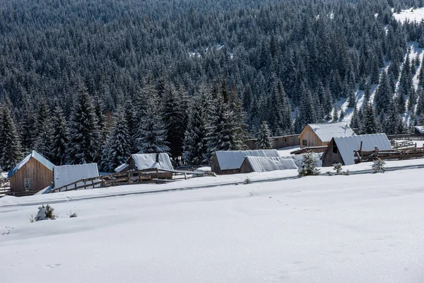 冬季山村景观 雪覆房屋 — 图库照片