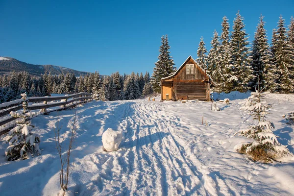 Idylliczna Zimowa Sceneria Górska Domkiem Górskim Domek — Zdjęcie stockowe
