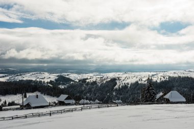 Karla kaplı ağaçlar ve tepeler ile kışın kırsal alan