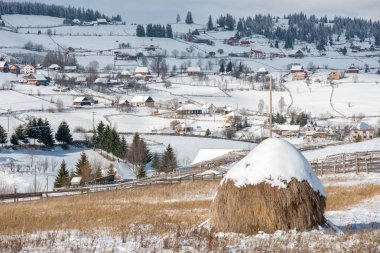 Karla kaplı ağaçlar ve tepeler ile kışın kırsal alan