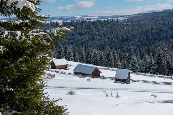 Inverno Montanha Aldeia Paisagem Com Neve Coberto Casas — Fotografia de Stock