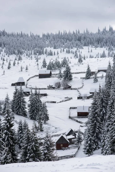 Invierno Montaña Pueblo Paisaje Con Nieve Cubierto Casas —  Fotos de Stock