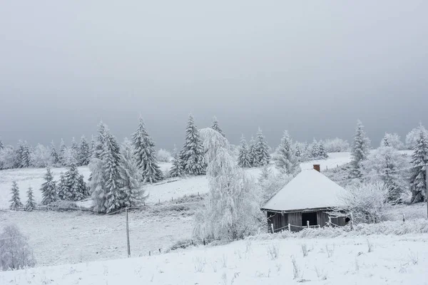 Inverno Montanha Aldeia Paisagem Com Neve Coberto Casas — Fotografia de Stock