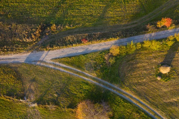 Luchtfoto Drone Weergave Van Een Platteland Onverharde Weg Herfst — Stockfoto