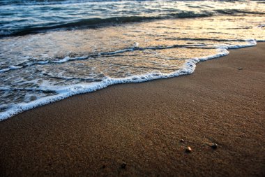 Kumlu plaj altın günbatımı sırasında yaklaşan dalgalar