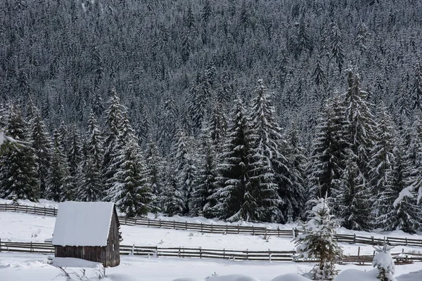 Inverno Idílico País Das Maravilhas Paisagem Montanha Com Chalé Montanha — Fotografia de Stock