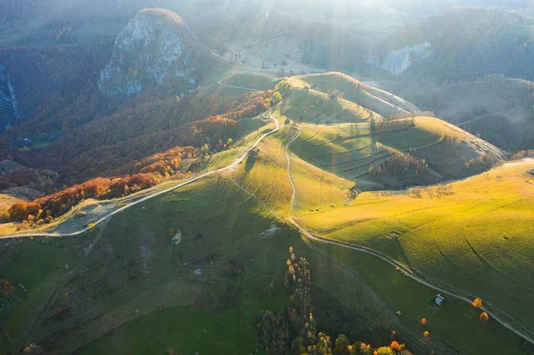 Jesienny Krajobraz Drone Aerial Strzał Regionie Transylwania Rumunia — Zdjęcie stockowe