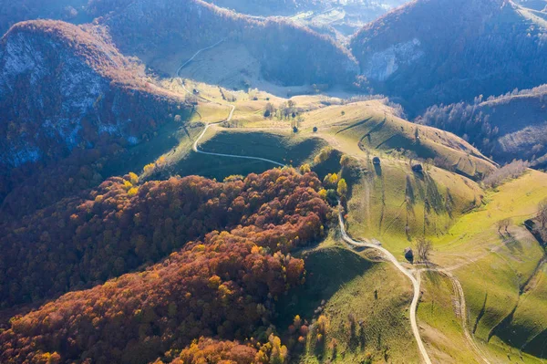 Jesienne Obrazu Antenowe Drone Wsi Regionie Transylwania Rumunia — Zdjęcie stockowe