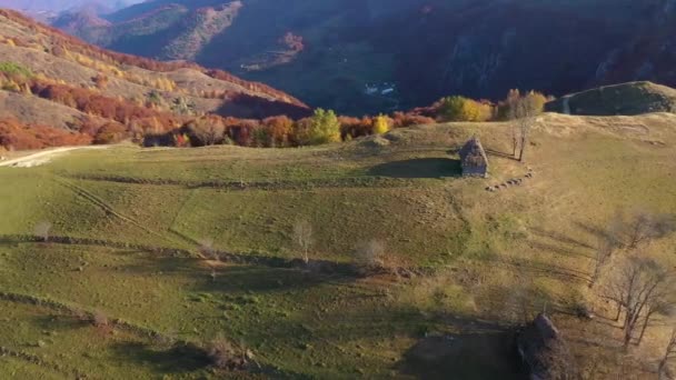 空中无人机4K 秋天农村山风景与木制房子 茅草屋顶和土路在特兰西瓦尼亚 罗马尼亚 — 图库视频影像