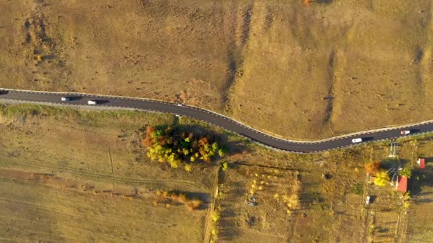 Aerial Drone Video Winding Asphalt Road Moving Cars Autumn — Stock Video