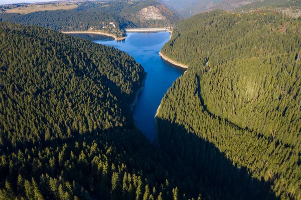 在罗马尼亚特兰西瓦尼亚的贝利斯拍摄一个湖和绿色森林的空中无人机 — 图库照片